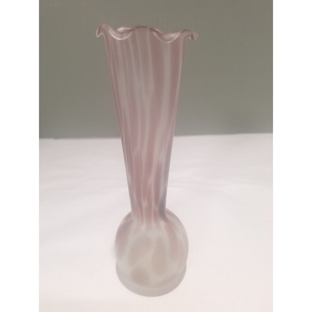 Vintage Pink/Purple Satin Art Glass Bud Vase Ruffled Rim Feather Swirl 8"